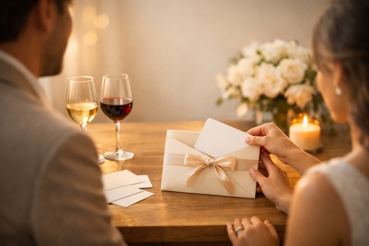 Couple ouvrant une enveloppe cadeau de mariage, expérience œnologique avec verres de dégustation et ambiance romantique
