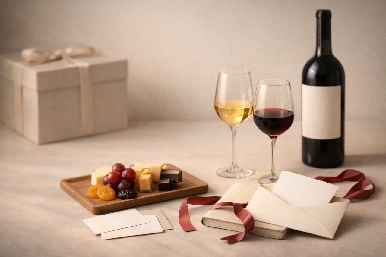 Nature morte moderne : carte cadeau œnologique, verres de dégustation, accords mets et vins, face à un cadeau objet