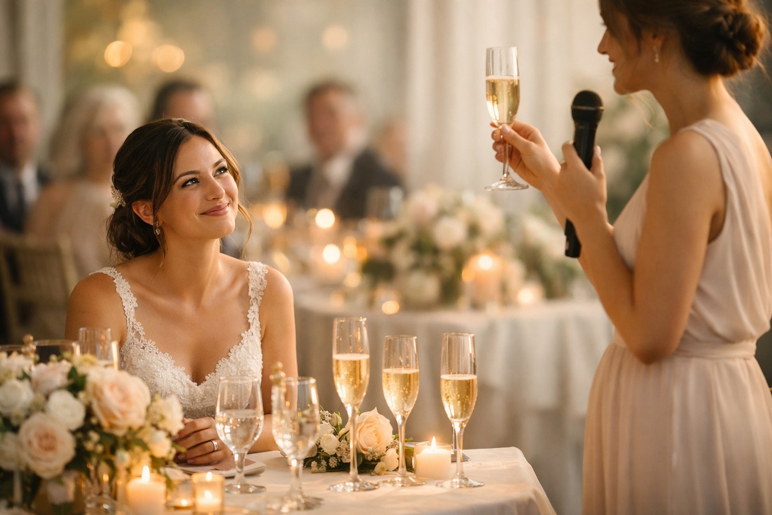 Discours pour la mariée pendant le repas de mariage La mariée écoute avec émotion un discours prononcé lors du repas de mariage, dans une ambiance élégante avec coupes de champagne et décor floral