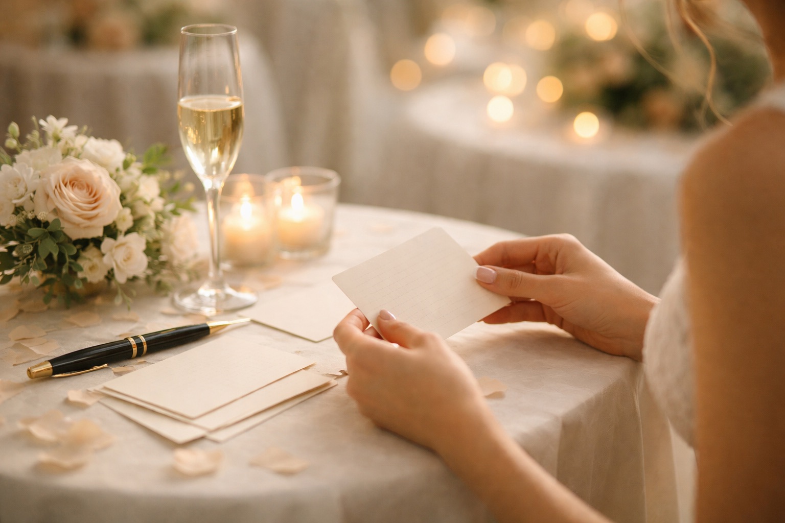Cartes de notes, stylo, bouquet et coupe de champagne sur une table de mariage pour préparer un discours sincère destiné à la mariée