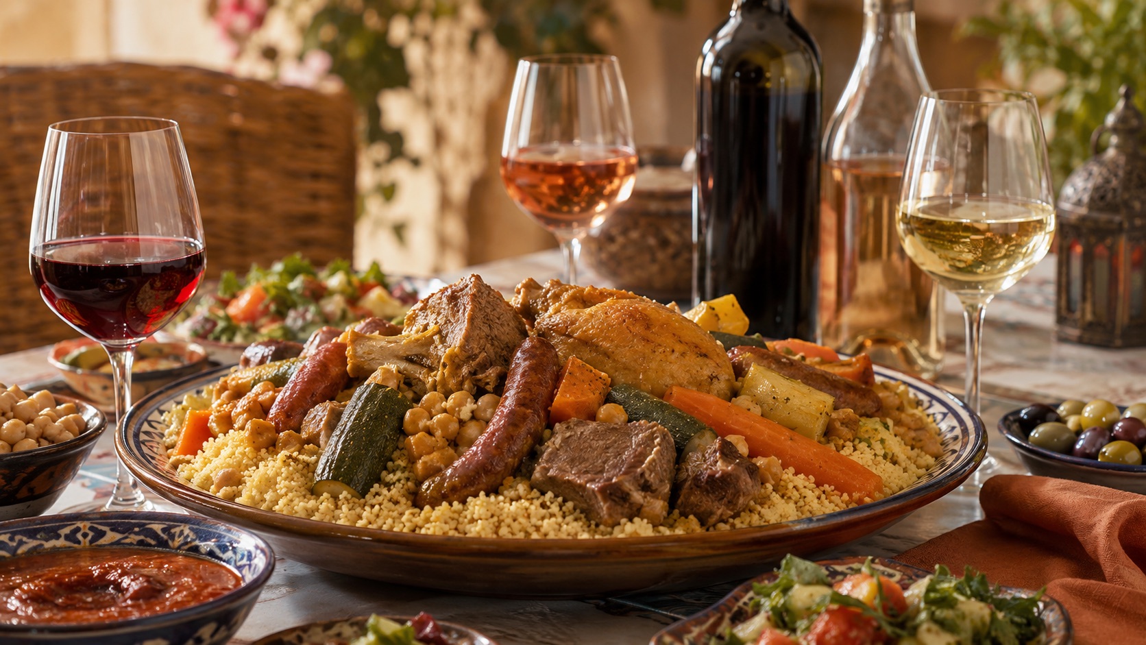 repas d'un couscous avec du vin rouge