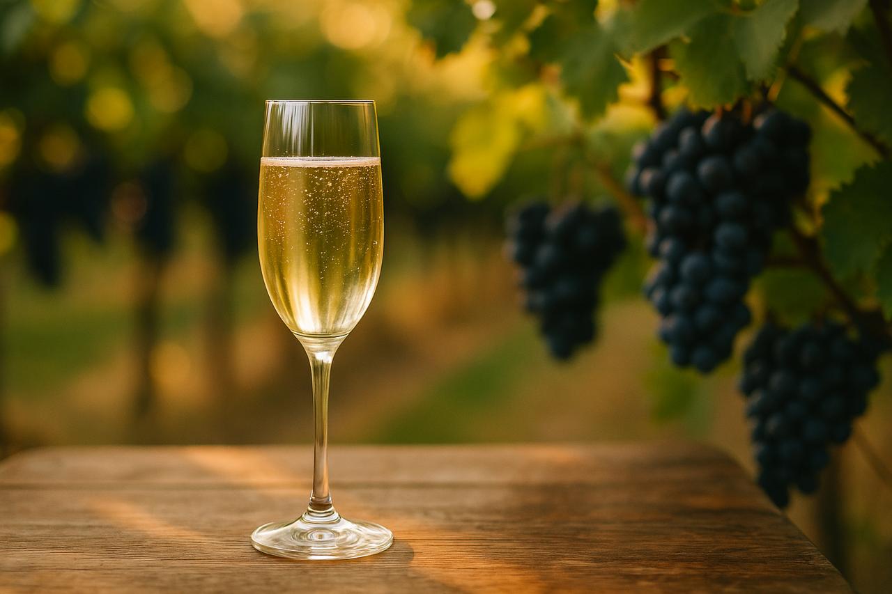 champagne-blanc-de-noirs.jpg Un verre de champagne clair sur une table en bois, avec en arrière-plan flou des vignes et des grappes de raisins noirs, sous une lumière ensoleillée.