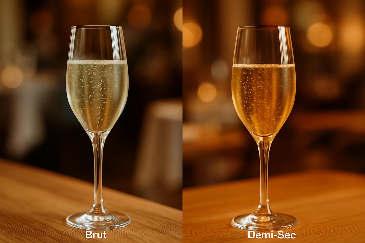 choisir-champagne-brut-ou-demi-sec.jpg Deux verres de champagne, l'un brut clair et pétillant, l'autre demi-sec doré et plus doux, sur une table en bois.