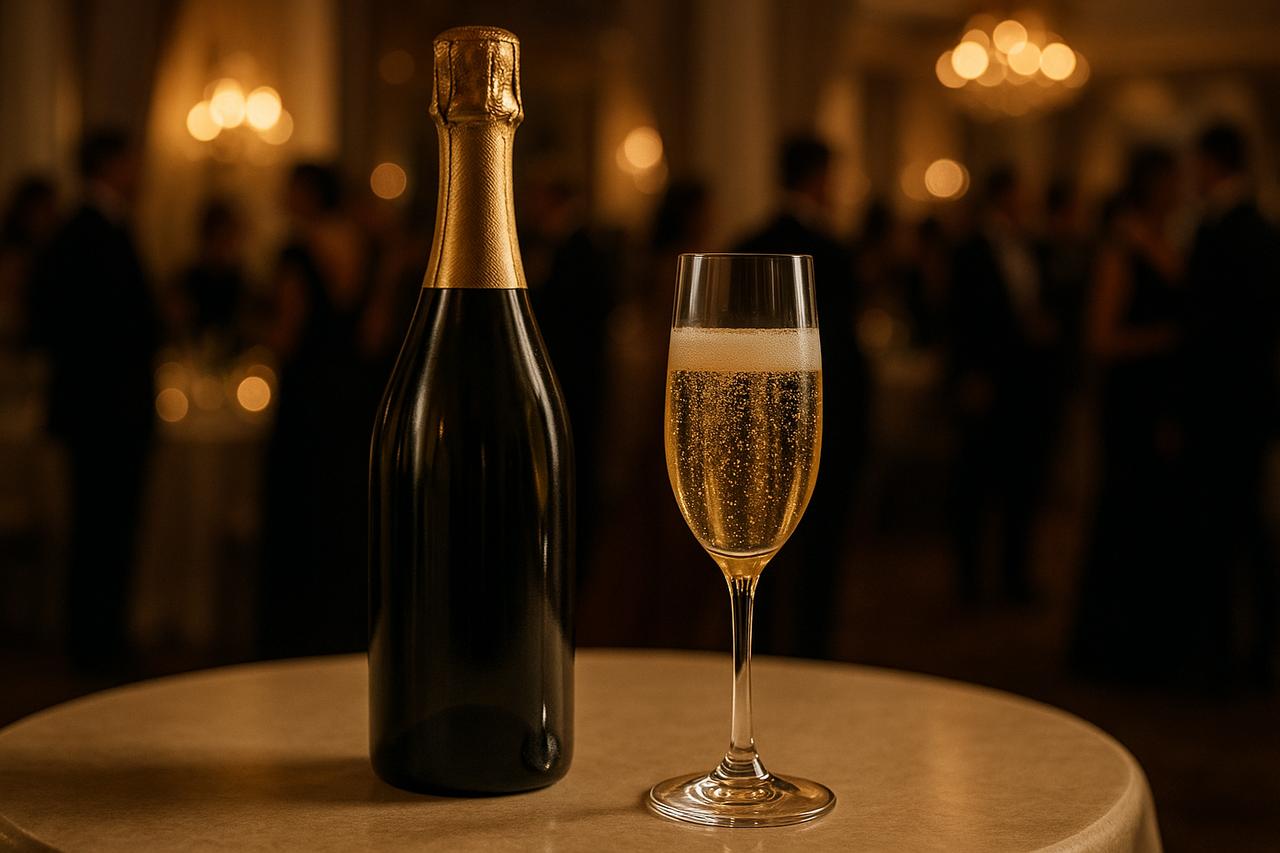 Image d'une bouteille de champagne et d'un verre rempli de champagne sur une table lors d'un événement festif.