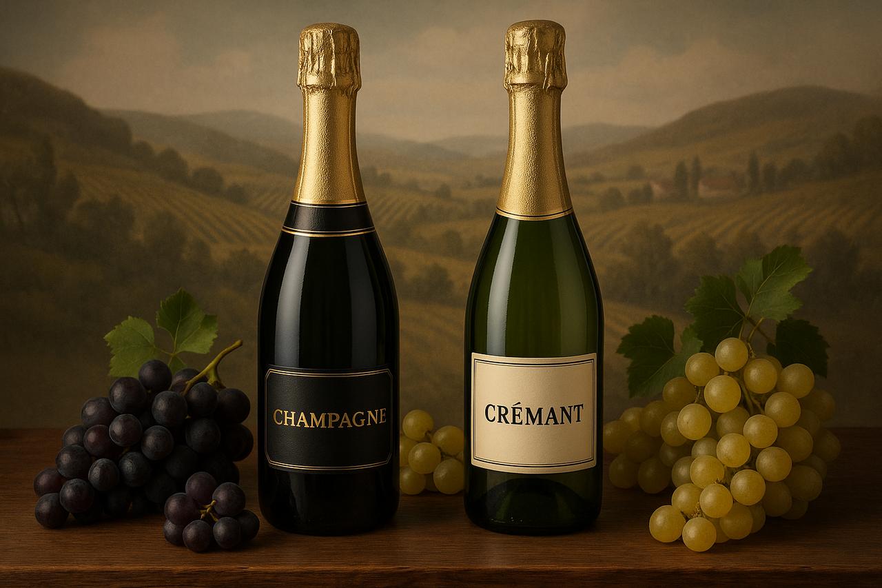 Image contrastant des bouteilles de champagne et crémant sur une table en bois, entourées de grappes de raisins.