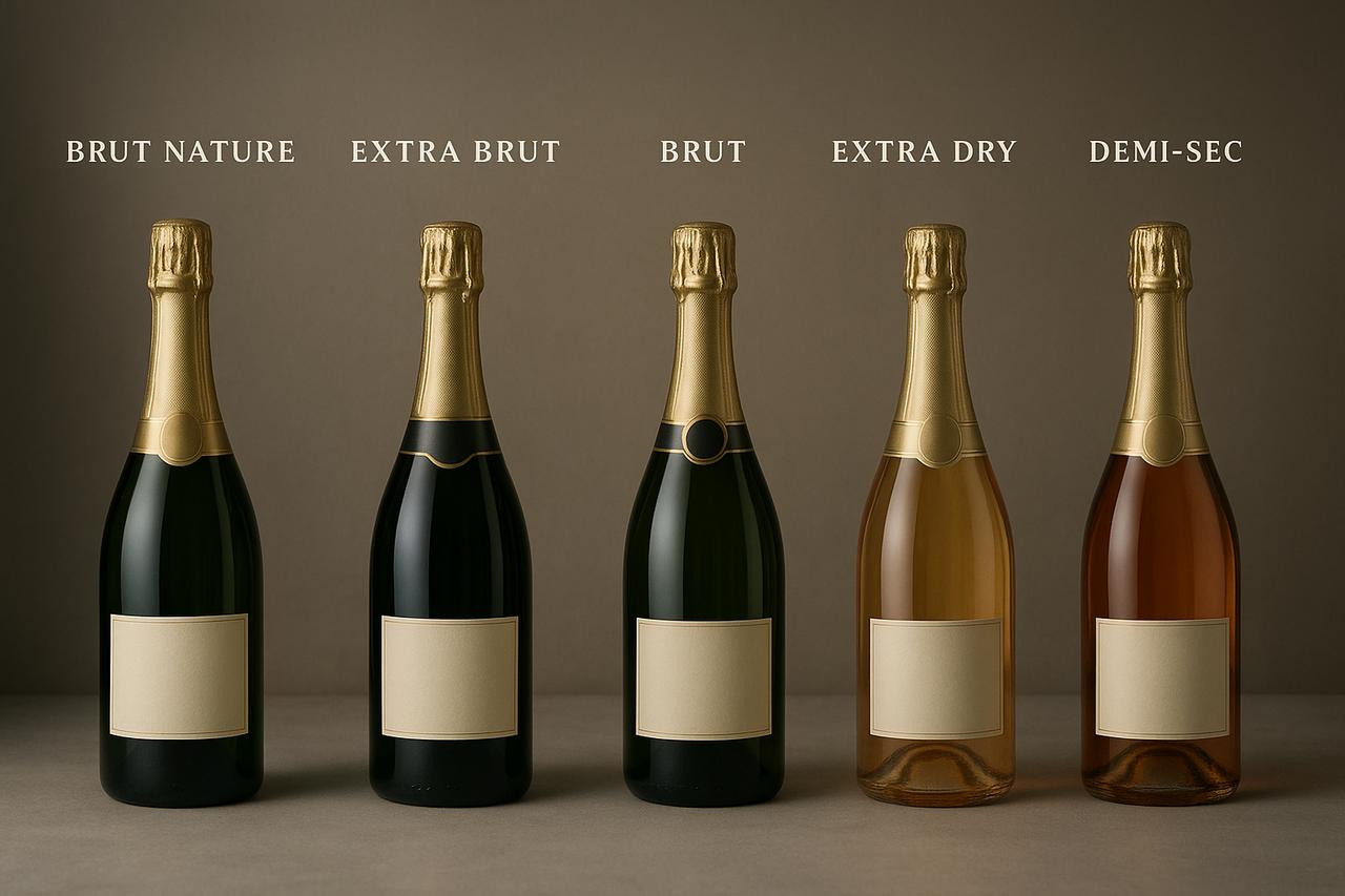 dosage-champagne.jpg Différents types de bouteilles de champagne alignées selon leur teneur en sucre, allant du brut nature au doux, dans un cadre élégant.