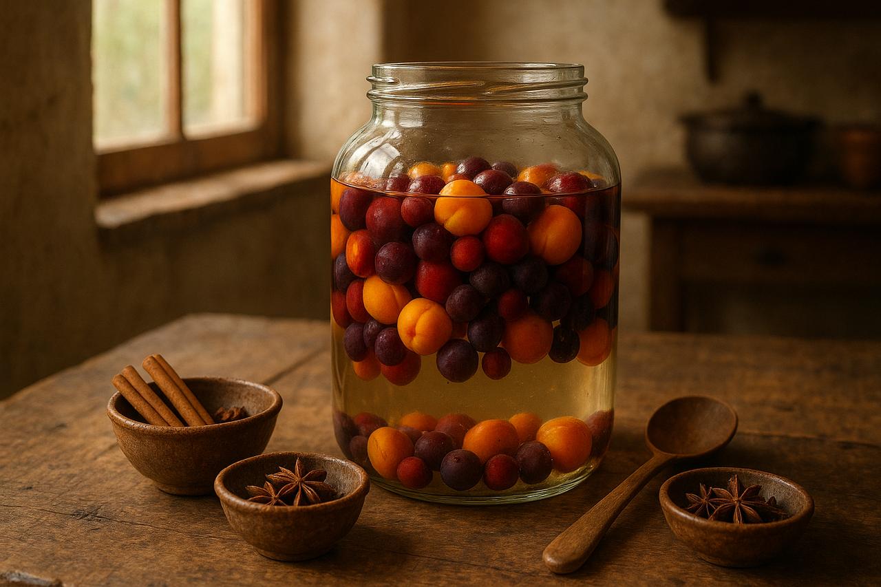 recette-traditionnelle-ratafia.jpg Un grand bocal en verre rempli de fruits variés en macération, entouré d'épices comme la cannelle et la badiane, dans une cuisine rustique.