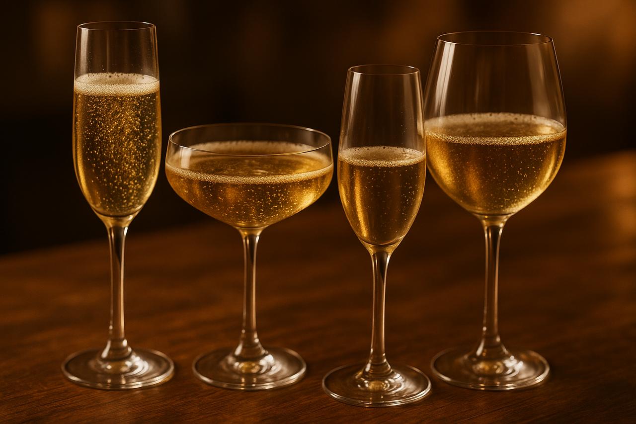 selection-verres-champagne.jpg Close-up of various champagne glasses filled with champagne, highlighting bubbles and glass shapes.